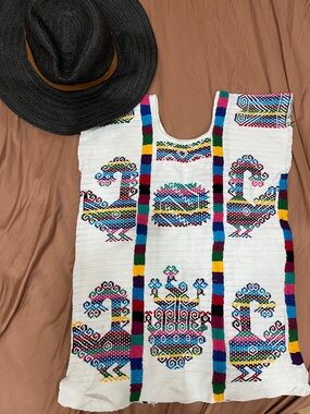 Handwoven White Embroidered Tank Top with Multicolor Trim